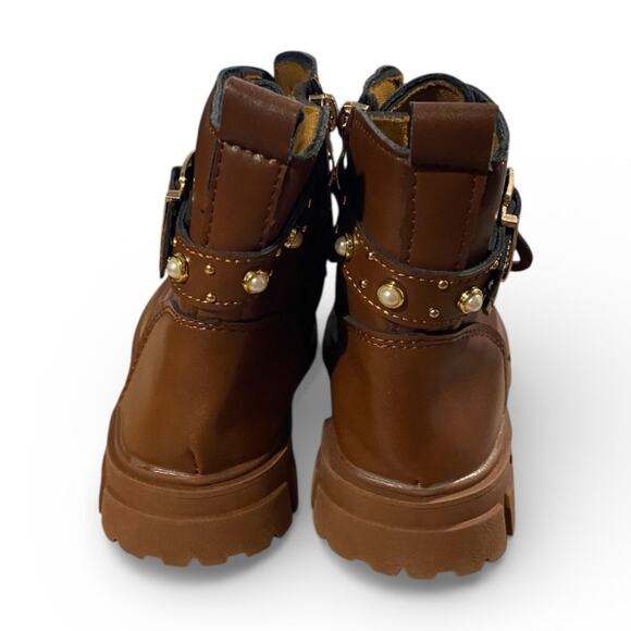 Inmuld Toddler Girls Combat Boots 12 Brown Lace Up Pearl Buckle Winter Snow - Picture 4 of 7